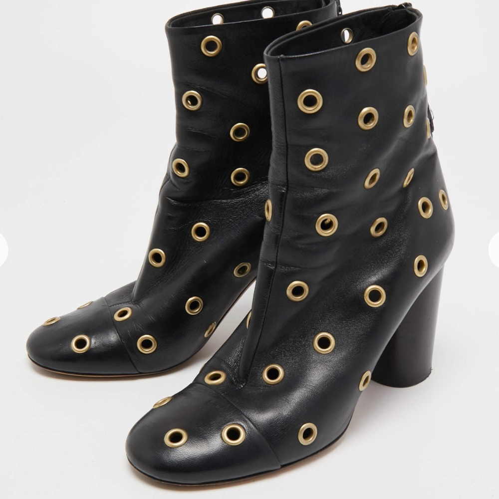 Isabel Marant Black Leather Eyelet Detail Ankle Boots Size 40